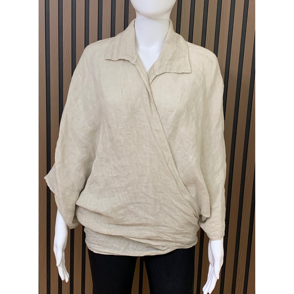 Bella‎ Amore Italy Linen Wrap Blouse Lagenlook Oatmeal Beige Made in Italy L/XL